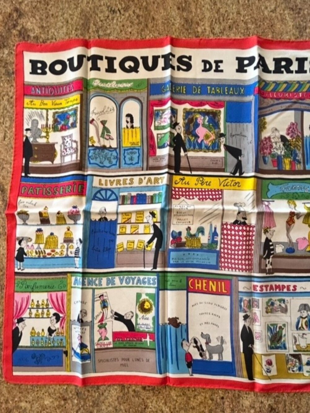 Vintage Claude Boissy Paris Silk "Boutiques De Paris" Scarf Made in France